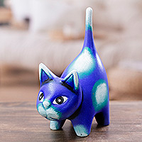 Ceramic sculpture, 'Feline Audacity in Cyan' - Whimsical Hand-Painted Cyan Cat Ceramic Sculpture