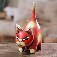 Ceramic sculpture, 'Feline Audacity in Cerise' - Whimsical Hand-Painted Cerise Cat Ceramic Sculpture