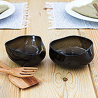 Handblown glass dessert bowls, 'Dark Flavors' (pair) - Pair of Black Handblown Glass Dessert Bowls from Mexico