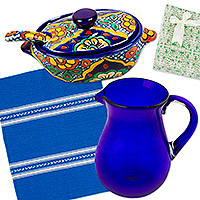 Curated gift set, 'Blue Hacienda Table' - Handcrafted Blue-Toned Traditional Curated Gift Set