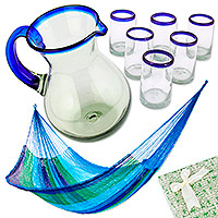 Curated gift set, 'Paradisial Break' - Handcrafted Blue and Green Nylon and Glass Curated Gift Set