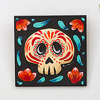 Ceramic wall art, 'Flame Skull Spring' - Floral Day of the Dead Hand-Painted Flame Ceramic Wall Art