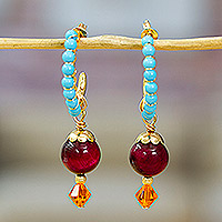 Gold-plated multi-gemstone half-hoop earrings, 'Romance at the Island' - 14K Gold-Plated Multi-Gemstone Half-Hoop Earrings