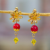 Gold-plated agate dangle earrings, 'Prime Passion' - 14k Gold-Plated Agate and Swarovski Crystal Dangle Earrings