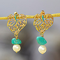 Gold-plated cultured pearl dangle earrings, 'Pearly Grandeur' - Leafy 14k Gold-Plated Cream Cultured Pearl Dangle Earrings