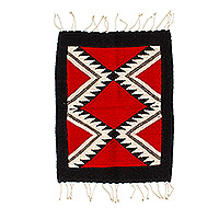 Wool table mat, 'Zapotec Diamonds' - Handloomed Geometric-Patterned Red and Black Wool Table Mat