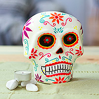 Ceramic wall art, 'Face of the Underworld' - Hand-Painted Floral Day of the Dead Skull Ceramic Wall Art