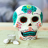 Ceramic wall art, 'Face of the Calm Underworld' - Floral Turquoise Day of the Dead Skull Ceramic Wall Art