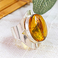 Amber cocktail ring, 'Shimmering Glam' - Sterling Silver Adjustable Cocktail Ring with Round Amber