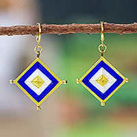 Gold-plated handwoven dangle earrings, 'Fantasy Diamonds' - 18k Gold-Plated Handwoven Dangle Earrings in Blue