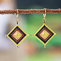 Gold-plated handwoven dangle earrings, 'Manor Diamonds' - 18k Gold-Plated Handwoven Dangle Earrings in Brown and Black