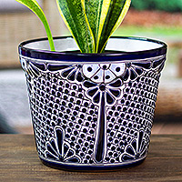 Ceramic flower pot, 'Bewitched Nature' (extra large) - Classic Indigo-Toned Ceramic Flower Pot (Extra Large)