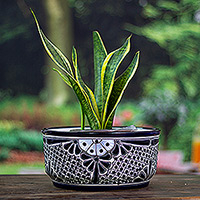 Ceramic flower pot, 'Bewitched Cycle' - Handmade Classic Round Indigo-Toned Ceramic Flower Pot