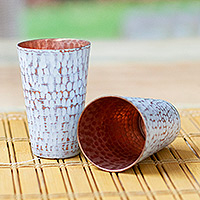 Recycled copper tequila cups, 'Tasting in White' (pair) - 2 White Hammered Oxidized Recycled Copper Tequila Cups