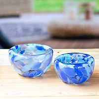 Handblown glass bowls, 'Flavors in Blue' (set of 2) - Handblown Patterned Blue Recycled Glass Bowls (Set of 2)