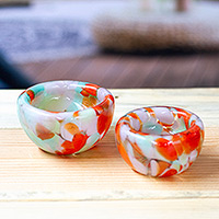 Handblown glass bowls, 'Flavors in Autumn' (set of 2) - Handblown Orange and White Recycled Glass Bowls (Set of 2)