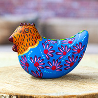 Wood alebrije figurine, 'Blue Hen' - Mexican Hand-Painted Blue Orange Hen Wood Alebrije Figurine
