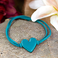Art glass pendant bracelet, 'My Teal Love' - Art Glass Heart-Shaped Pendant Bracelet in Teal