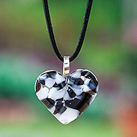 Art glass pendant necklace, 'My Luxurious Love' - Art Glass Heart-Shaped Pendant Necklace in Black and White