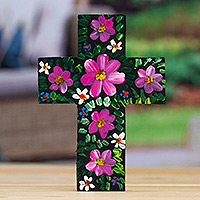 Wood cross, 'Magenta Prayers' - Hand-Painted Floral Magenta and Green Wood Cross from Mexico