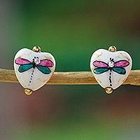 Gold-accented howlite stud earrings, 'Tender Inspiration' - Gold-Accented Dragonfly Howlite Stud Earrings in Sweet Hues