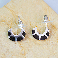 Sterling silver half-hoop earrings, 'Dapper Caress' - Wood-Accented Sterling Silver Half-Hoop Earrings from Mexico
