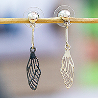 Sterling silver dangle earrings, 'Fluttering Sides' - Polished and Oxidized Sterling Silver Wing Dangle Earrings
