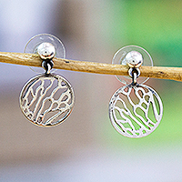 Sterling silver dangle earrings, 'Fluttering Soul' - Wing-Patterned Round Sterling Silver Dangle Earrings