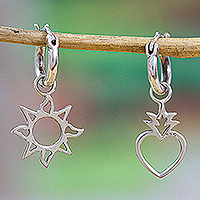 Sterling silver dangle earrings, 'Love & Light' - Heart and Sun-Themed Sterling Silver Dangle Earrings