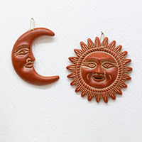Ceramic wall art, 'My Universe' (set of 2) - Set of 2 Handcrafted Sun and Moon Ceramic Wall Art