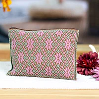 Cotton cosmetic bag, 'Candy Essentials' - Folk Art-Inspired Cotton Candy and Jade Cotton Cosmetic Bag