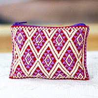 Cotton coin purse, 'Sweet Gems' - Diamond-Patterned Pink and Red Zippered Cotton Coin Purse