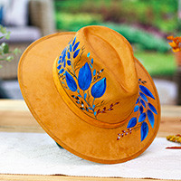 Hand-painted suede fedora, 'Blue Autumn' - Hand-Painted Leafy Blue and Ginger Suede Fedora from Mexico