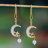 Gold-plated agate dangle earrings, 'Magic Moon' - Moon and Star-Themed 14k Gold-Plated Agate Dangle Earrings