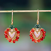 Gold-plated carnelian dangle earrings, 'Strawberry Heart' - Strawberry 14k Gold-Plated Carnelian Heart Dangle Earrings