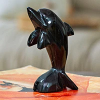 Marble figurine, 'Mystic Sea' - Inspirational Dolphin-Themed Dark-Palette Marble Figurine