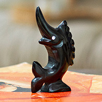 Marble figurine, 'Tides of Puissance' - Handcrafted Marble Figurine of Swordfish in a Dark Palette
