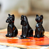 Marble figurines, 'Tails at Night' (set of 3) - Dog-Themed 3-Piece Marble Figurine Set in a Dark Palette