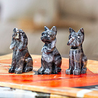 Marble figurines, 'Tails from the Sea' (set of 3) - Animal-Themed 3-Piece Dog Marble Figurine Set in Blue Tones