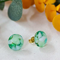Gold-accented fused glass mosaic button earrings, 'Emerald Textures' - 18k Gold-Accented Green Fused Glass Mosaic Button Earrings