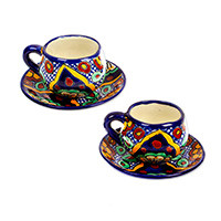 Ceramic cups and saucers, 'Hidalgo Fiesta' (set of 2) - Mexican Talavera-Style Ceramic Cup and Saucer 4-Piece Set
