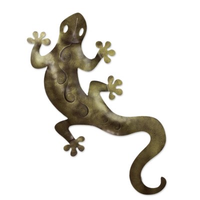 Fair Trade Green Lizard Steel Sculpture Wall Art