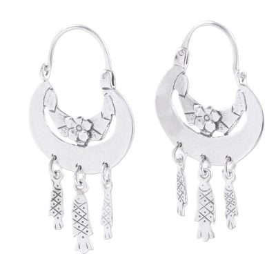 Sterling silver hoop earrings, 'Silver Fishes' - Collectible Floral Sterling Silver Hoop Sea Life Earrings
