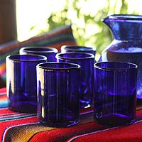 Extra large blown glass tumblers Cobalt Charm set of 6 Mexico