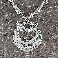 Sterling silver necklace Peaceful Dove Crowned with Olive Branches Mexico