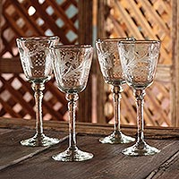 Etched wine glasses Crystal Flowers set of 4 Mexico