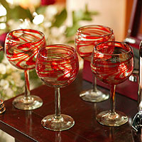 Hand blown wine glasses Crimson Serpentines large set of 6 Mexico