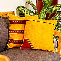Wool cushion covers, 'Burning Mountains' (pair) - Set of 2 Artisan Crafted Yellow Wool Striped Cushion Covers