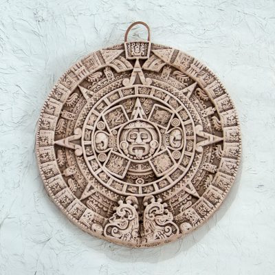 Ceramic plaque, Aztec Sun Stone in White