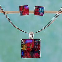 Dichroic art glass jewelry set Rose Garden Mexico